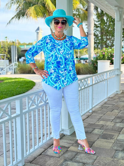 BLUE DREAMING HEARTS ASYMMETRICAL TOP
