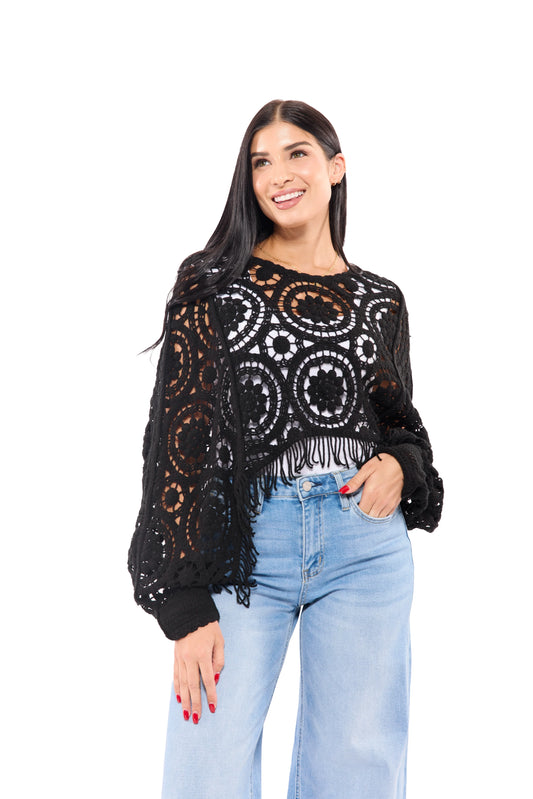 Women's Boho Long Sleeve Open Crochet Fringe Sweater Top – Available in Black & Oatmeal