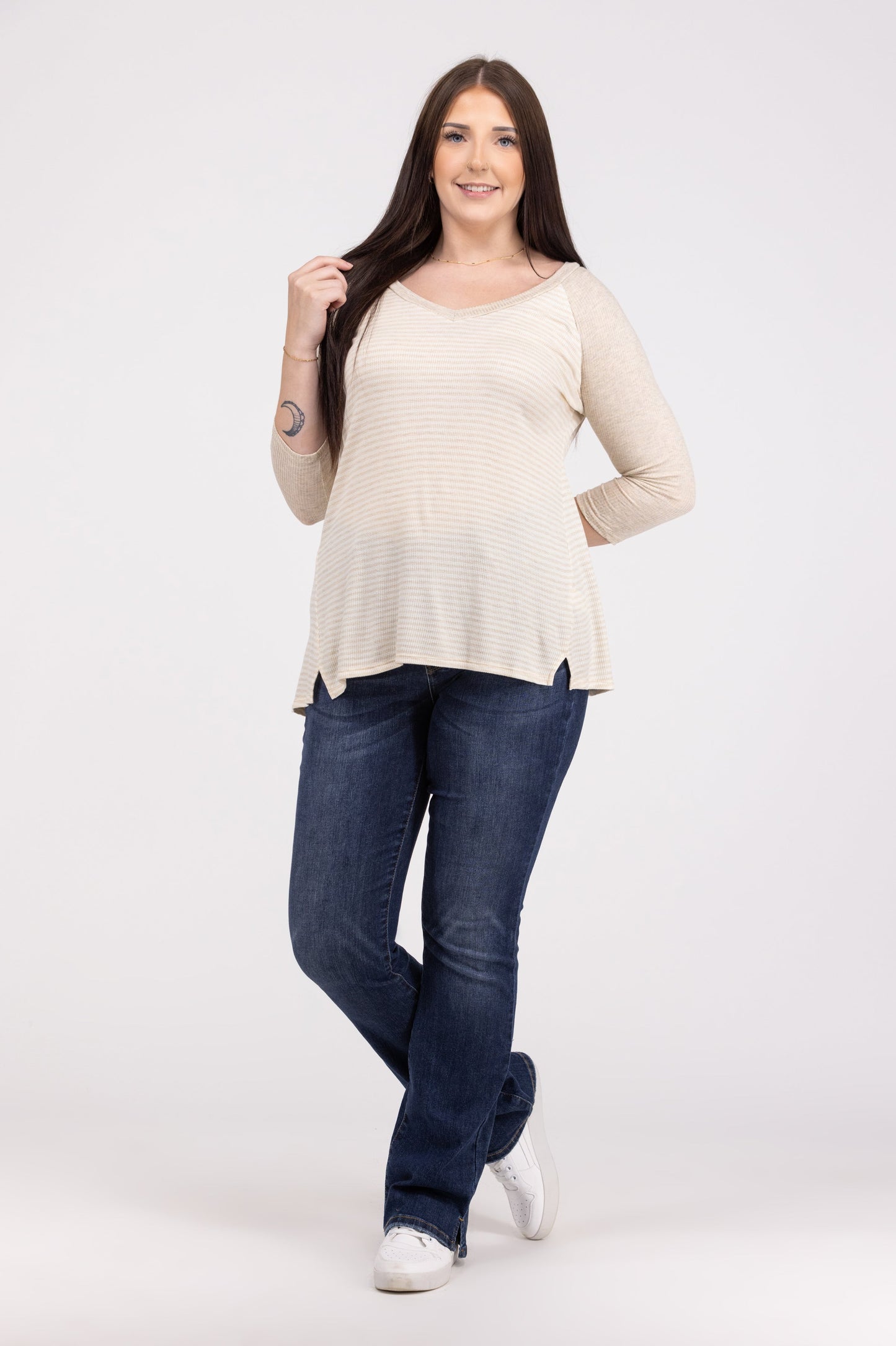 Striped Perfection Women's V-Neck Hi-Lo Long Sleeve Top