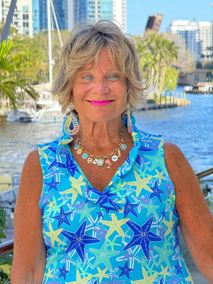 LULU B STARFISH SPLASH SLEEVELESS RUFFLE TOP