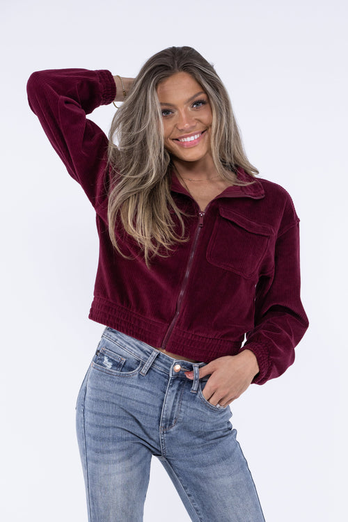 Doin It Right Women's Zip Up Cropped Corduroy Jacket