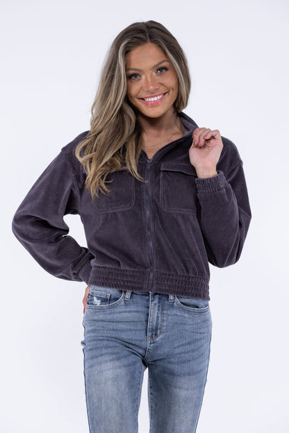 Doin It Right Women's Zip Up Cropped Corduroy Jacket
