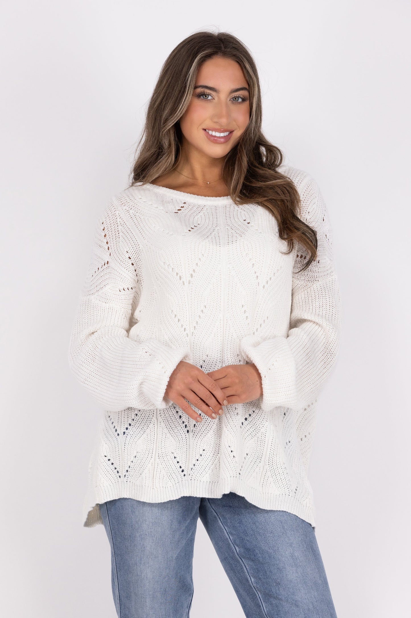 Moving Mountains Women's Feminine Open Knit Split Back Sweater