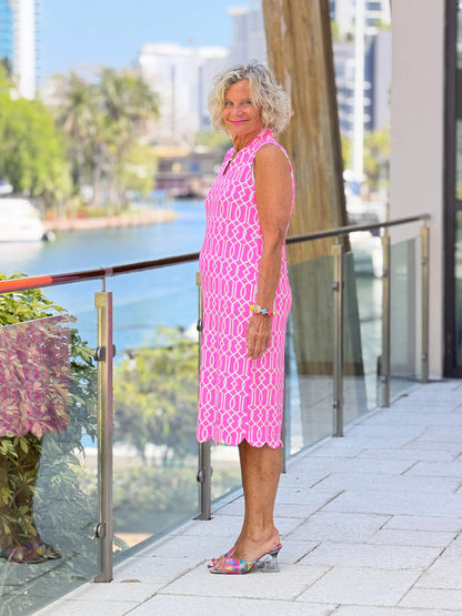 LULU B PALM BEACH LATTICE SCALLOP MIDDY DRESS
