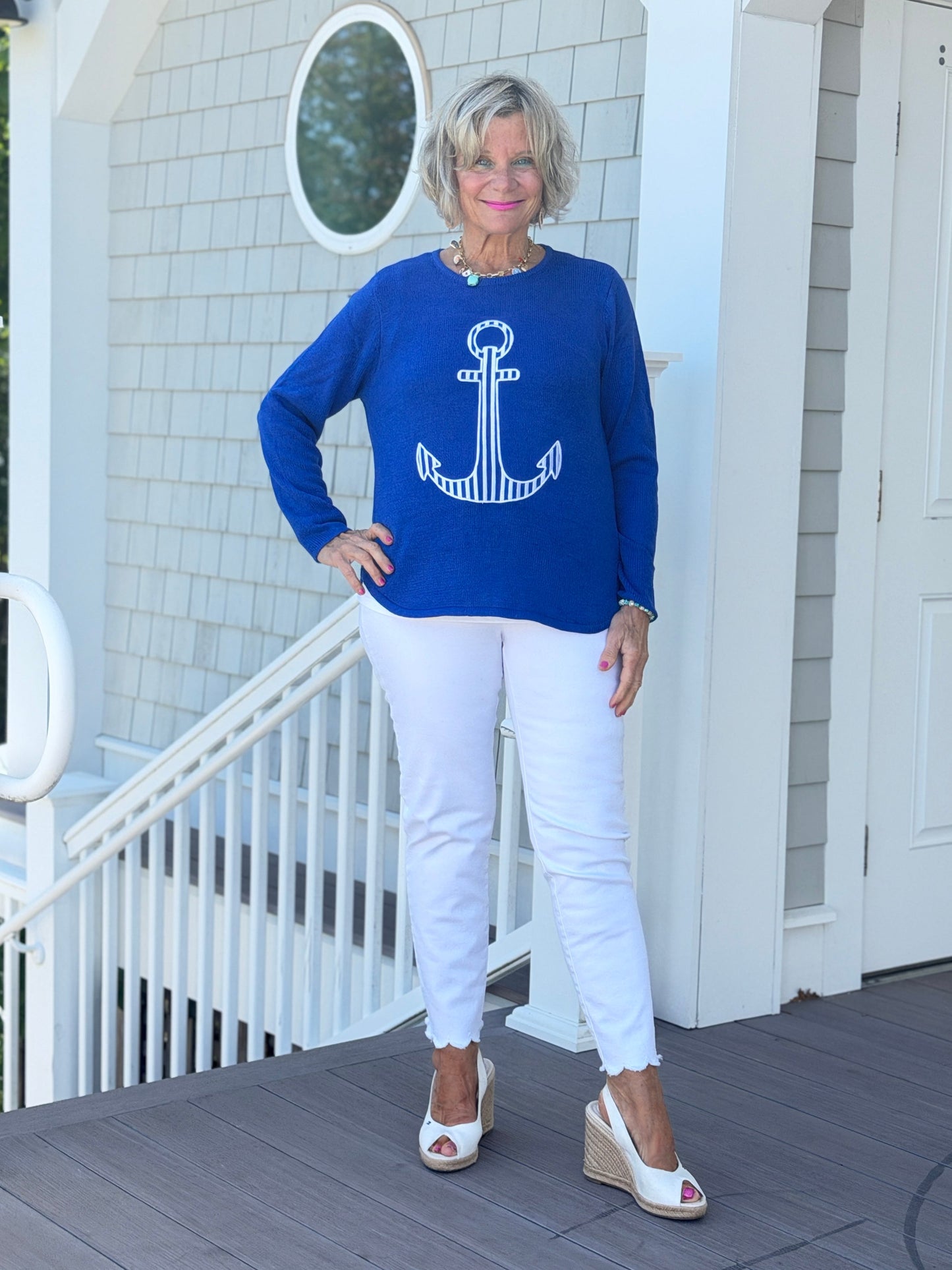DOCKSIDE NAUTICAL COBALT STRIPE ANCHOR SWEATER