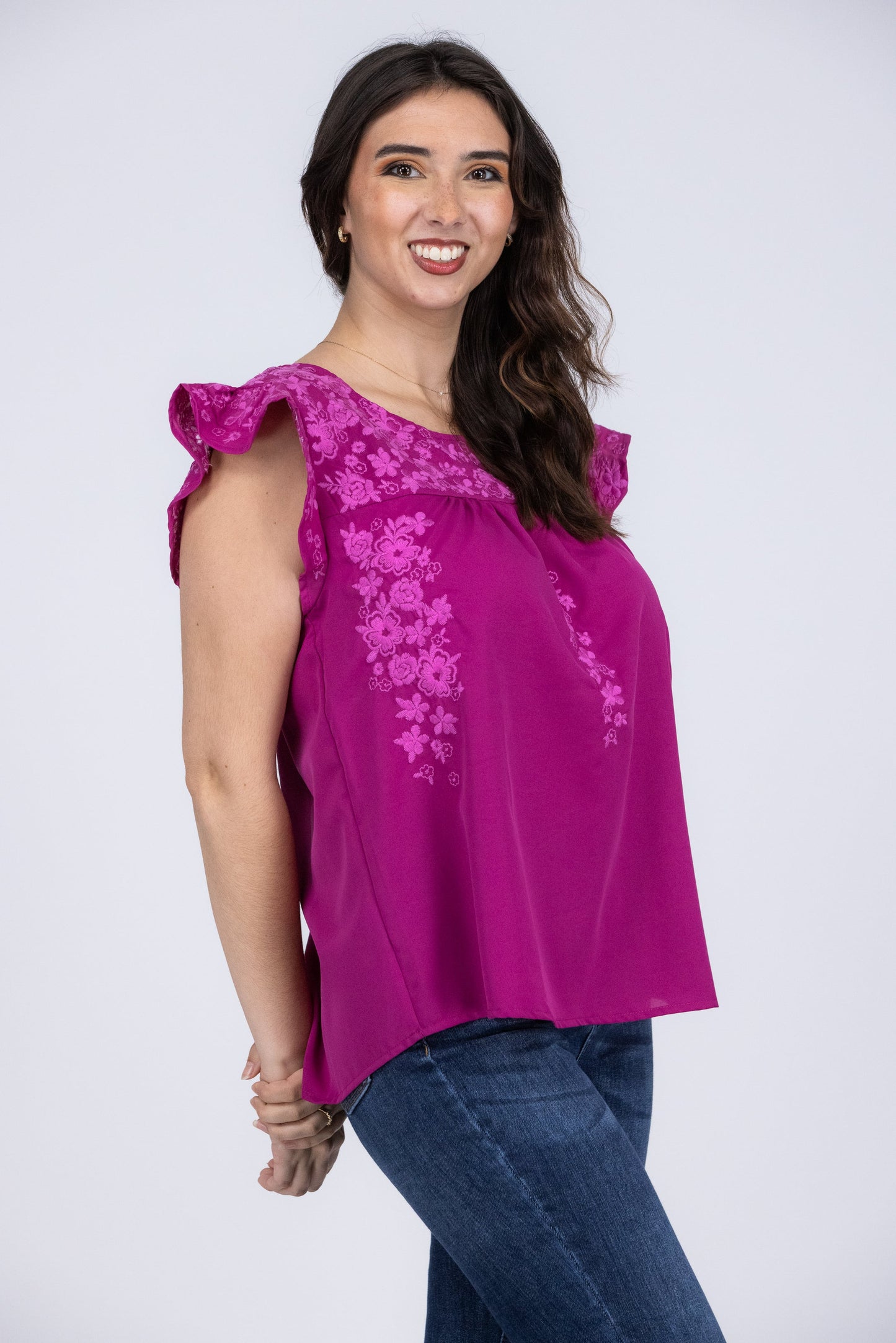 It's All You Women's Embroidered Short Flutter Sleeve Top