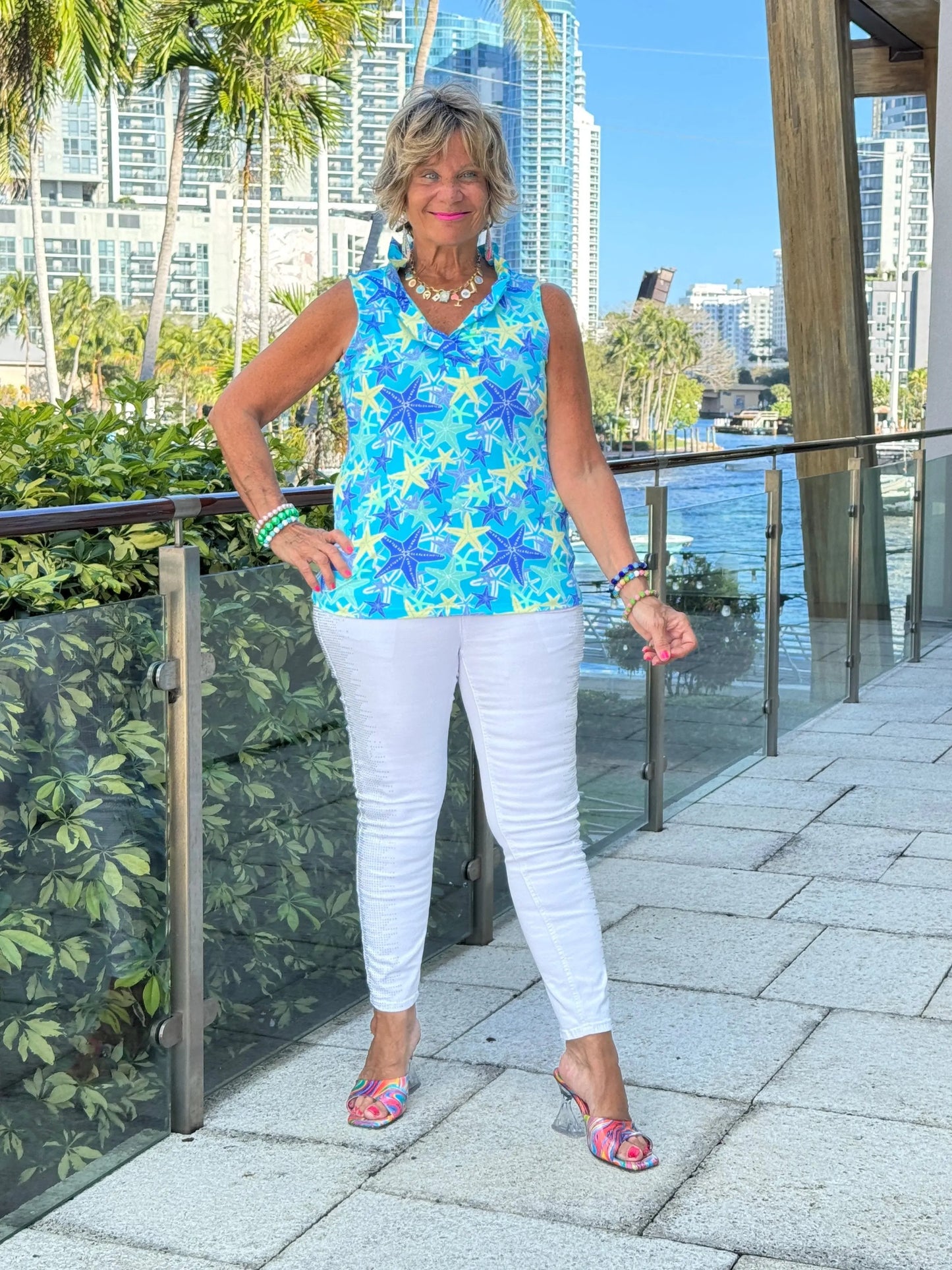 LULU B STARFISH SPLASH SLEEVELESS RUFFLE TOP