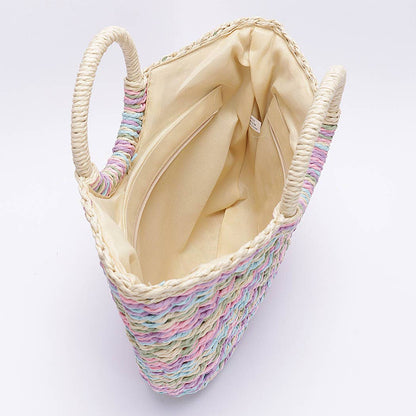 Faux Straw Multi Color Round Handle Tote Bag