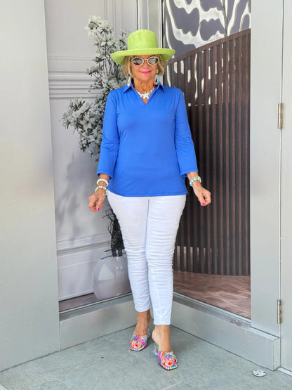 LULU-B SOLID BLUE COLLAR SLEEVE TOP