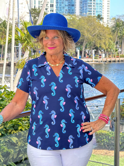 LULU B MIDNIGHT REEF SHORT SLEEVE V-NECK COLLAR TOP
