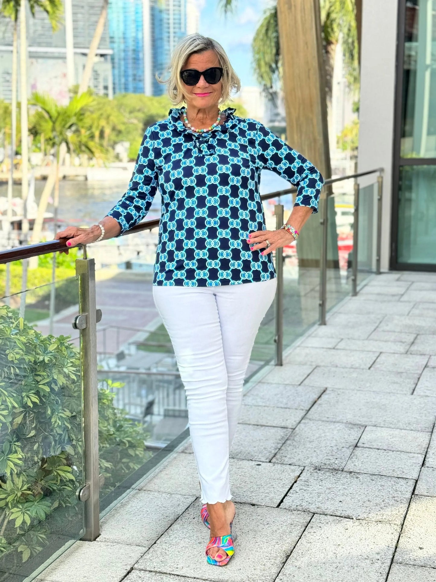 BLUE MEDALLION RUFFLE SLEEVE TOP