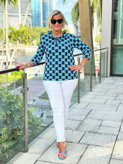 BLUE MEDALLION RUFFLE SLEEVE TOP