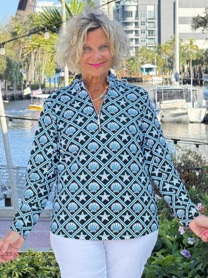 LULU B OCEAN TREASURES HALF ZIPPER TOP