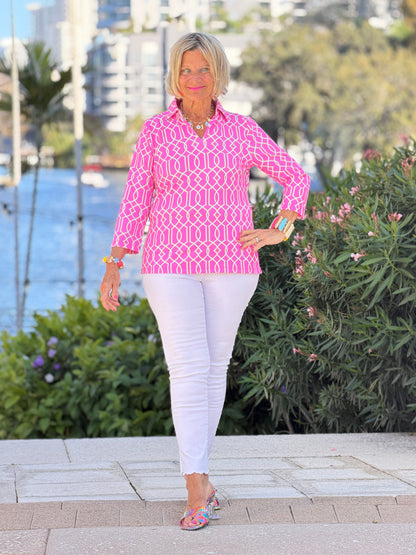 LULU B PALM BEACH LATTICE SLEEVE COLLAR TOP