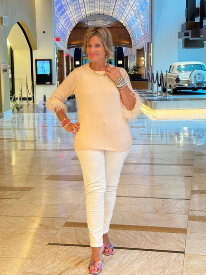 LULU-B BLUSH CASHMERE FANCY FRINGE TOP