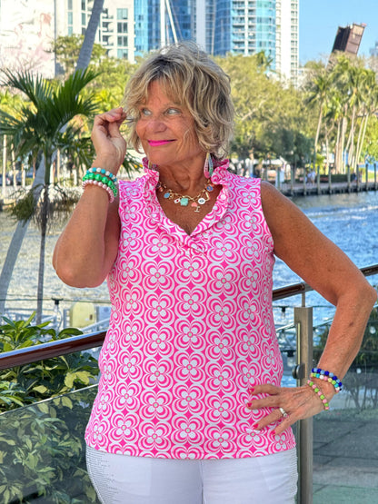 LULU B TROPIC PETALS SLEEVELESS RUFFLE TOP
