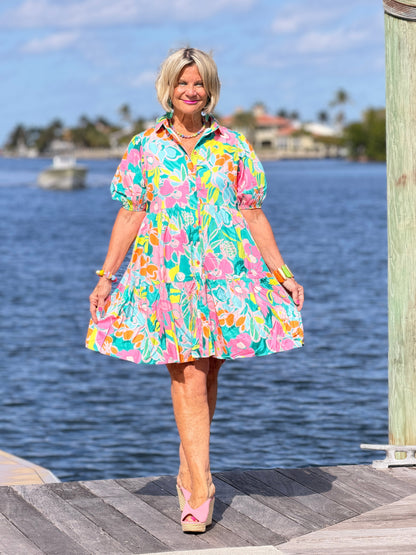 Fashion-W Floral Short Sleeve Buttoned Babydoll BOHO Dress