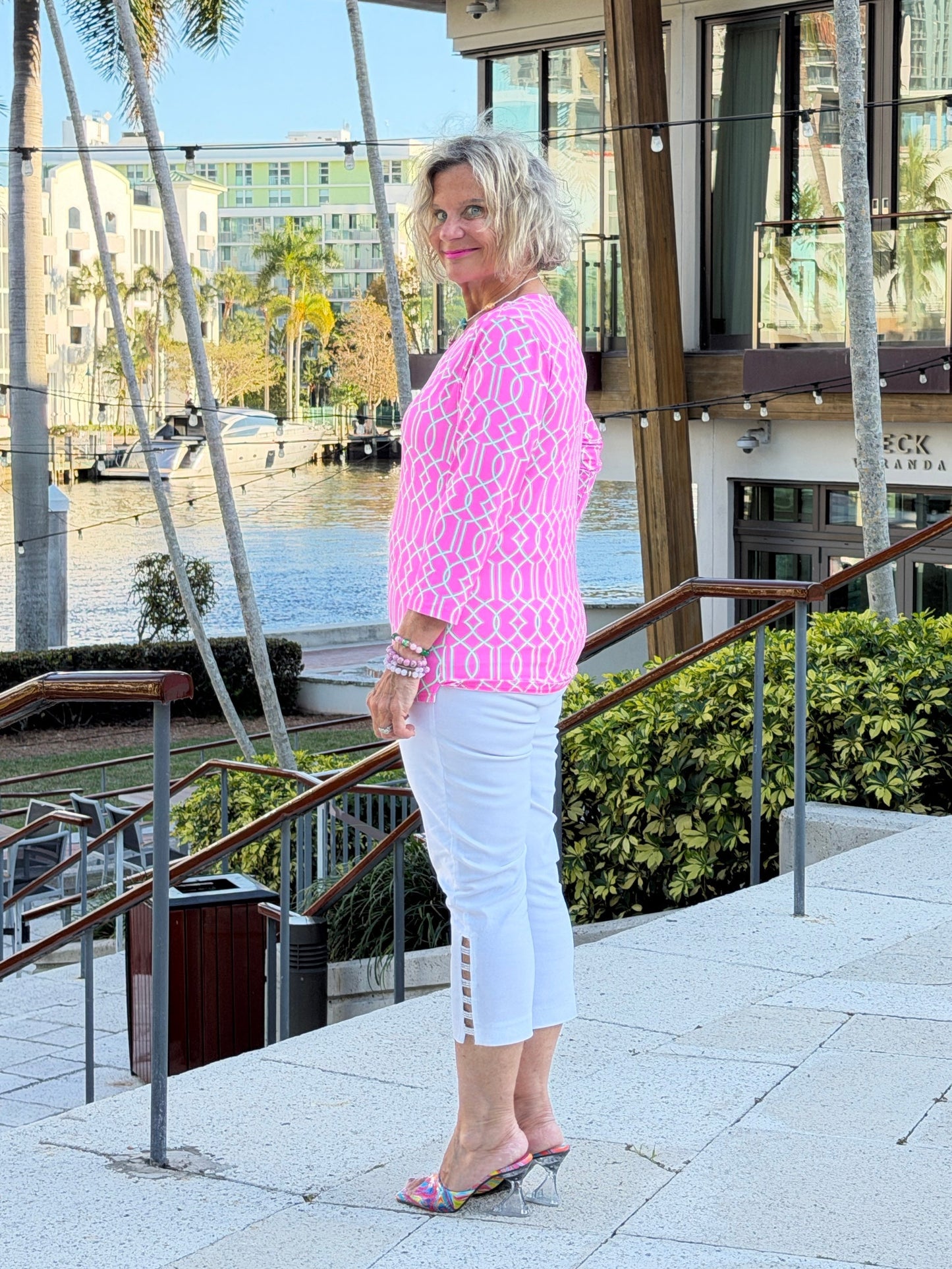 LLULU B PALM BEACH LATTICE V NECK TOP