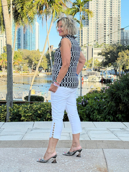 LULU B MIDNIGHT TRELLIS SLEEVELESS RUFFLE TOP