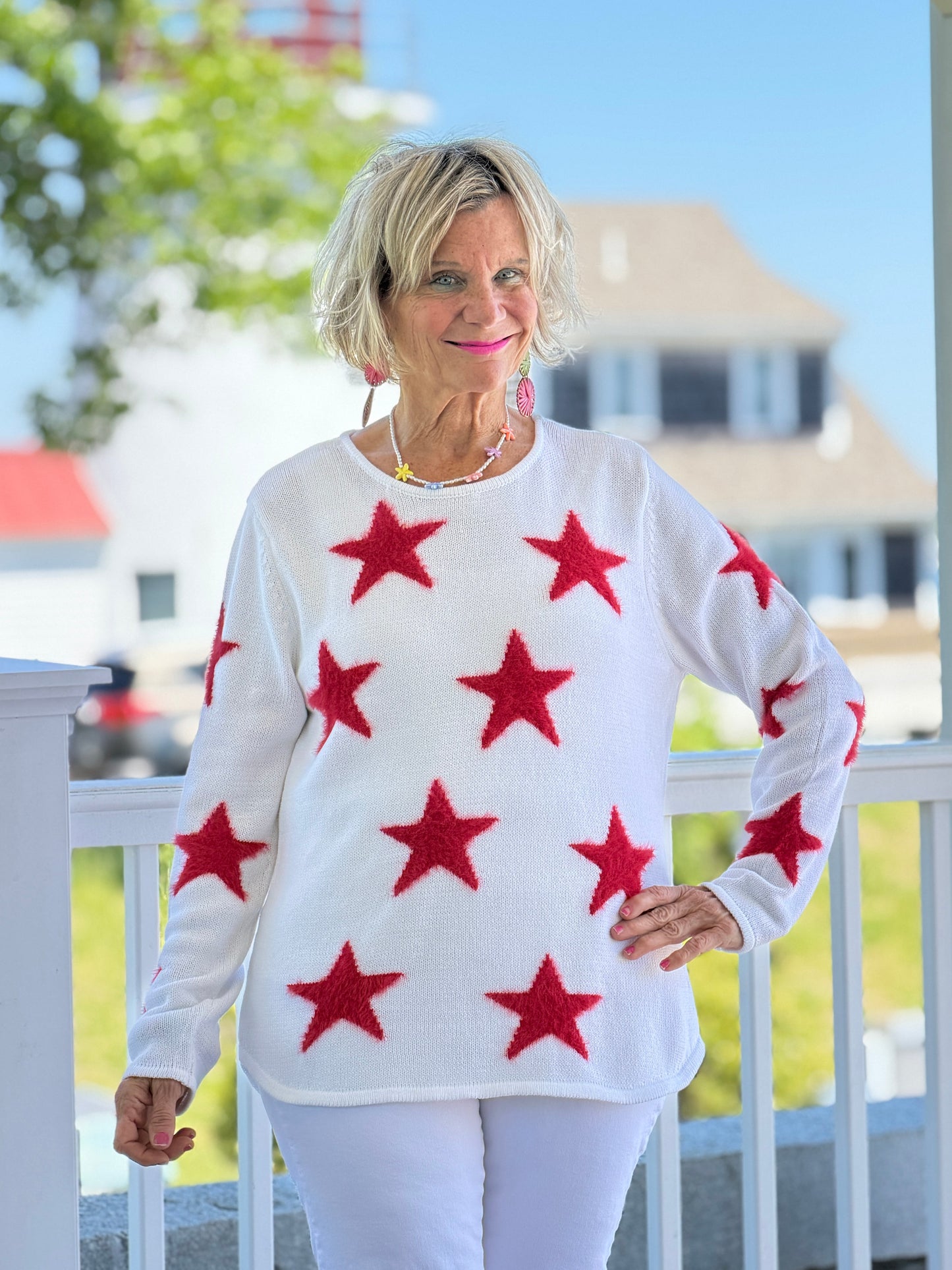 LULU B DOCKSIDE WHITE RED STAR FUZZY SWEATER