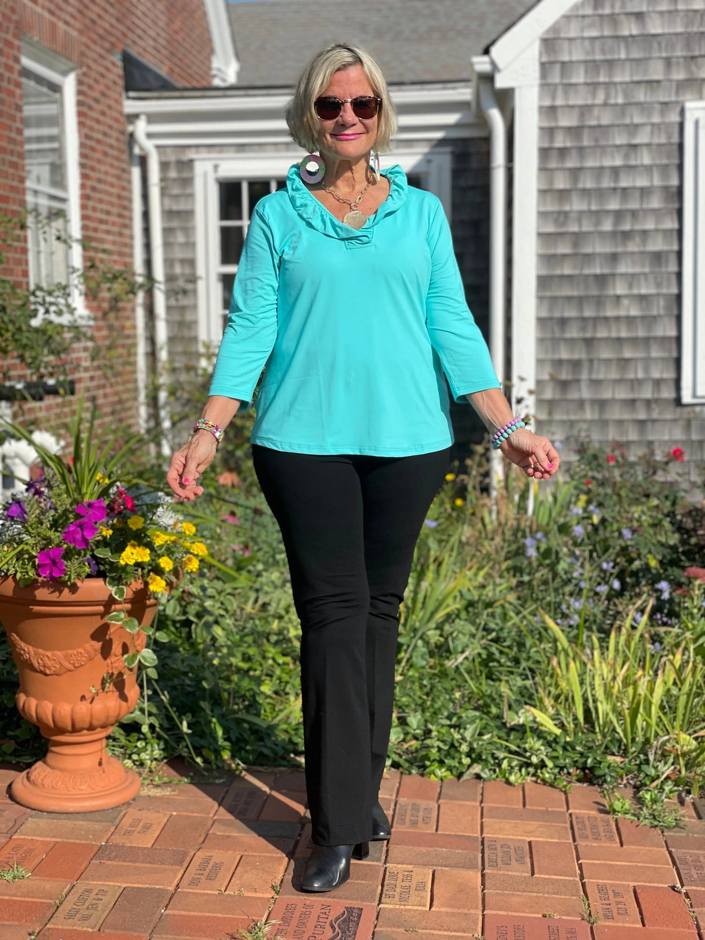 LULU-B SOLID AQUA RUFFLE TOP
