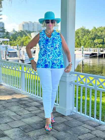 BLUE DREAMING HEARTS SLEEVELESS RUFFLE TOP