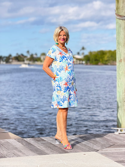 CORAL REEEF V NECK SLEEVE UPF + 50 DRESS