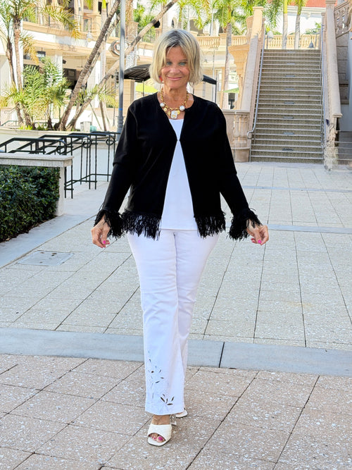 LULU-B  BLACK CASHMERE FRINGE FANCY CARDIGAN