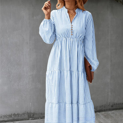 Beth Dutton Wardrobe Autumn Striped Long Sleeve Elastic Waist Dress