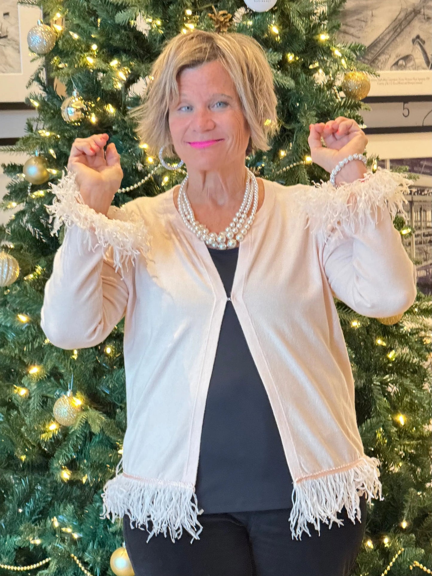LULU-B BLUSH CASHMERE FRINGE CARDIGAN