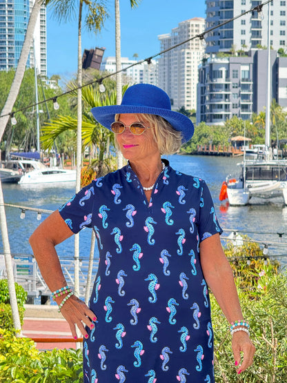 LULU B MIDNIGHT REEF HALF ZIPPER SHORT SLEEVE DRESS