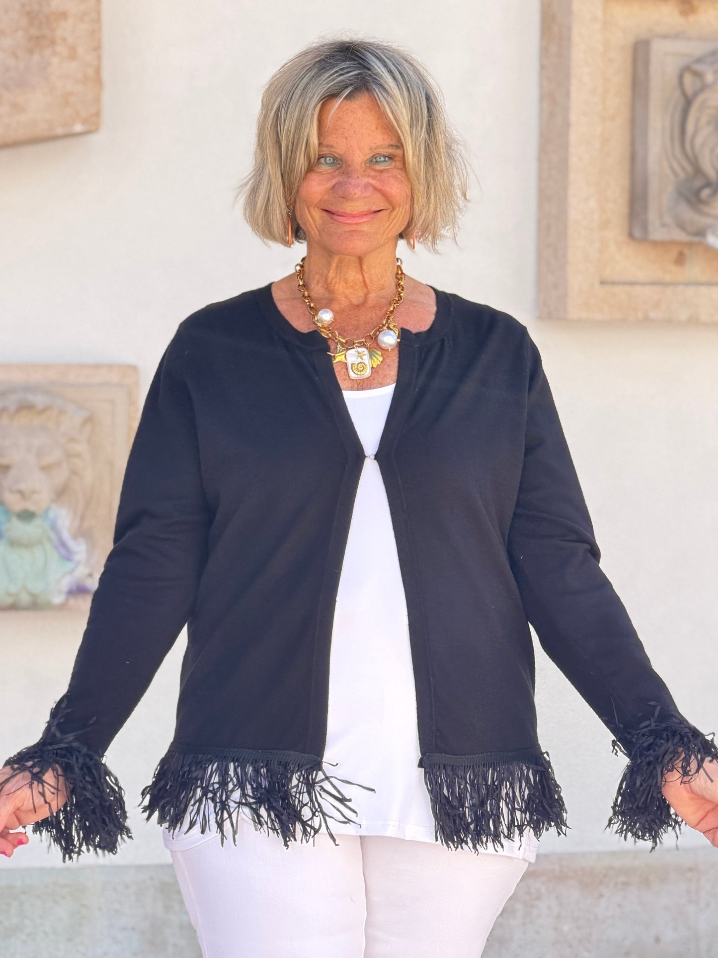 LULU-B  BLACK CASHMERE FRINGE FANCY CARDIGAN