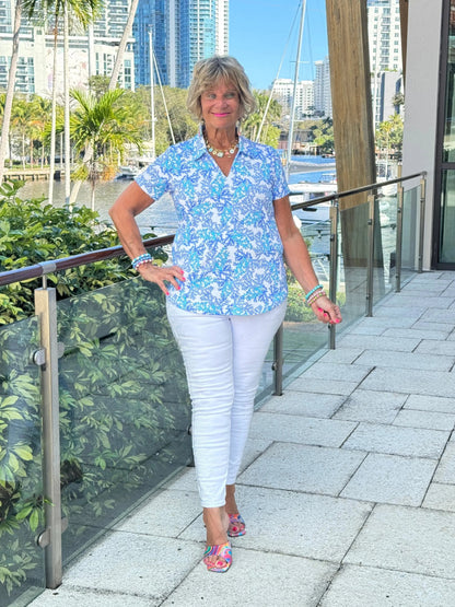 LULU B CORAL BREEZE SHORT SLEEVE V-NECK COLLAR TOP