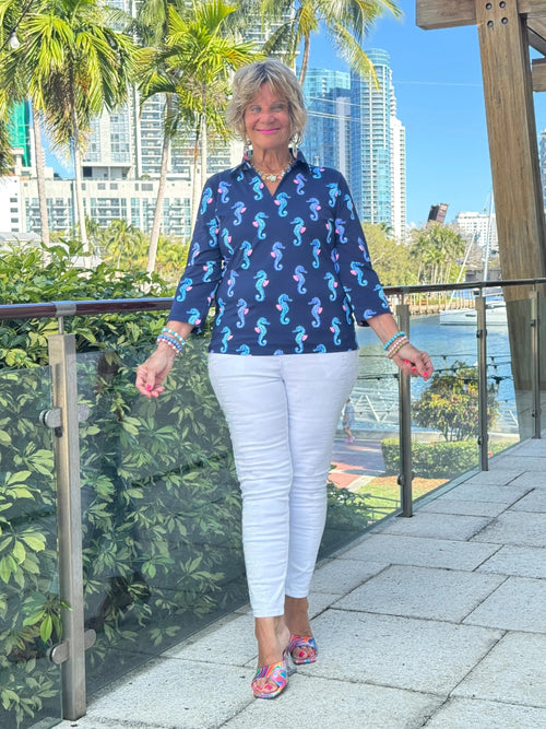 LULU B MIDNIGHT REEF 3/4 SLEEVE V-NECK COLLAR SHIRT