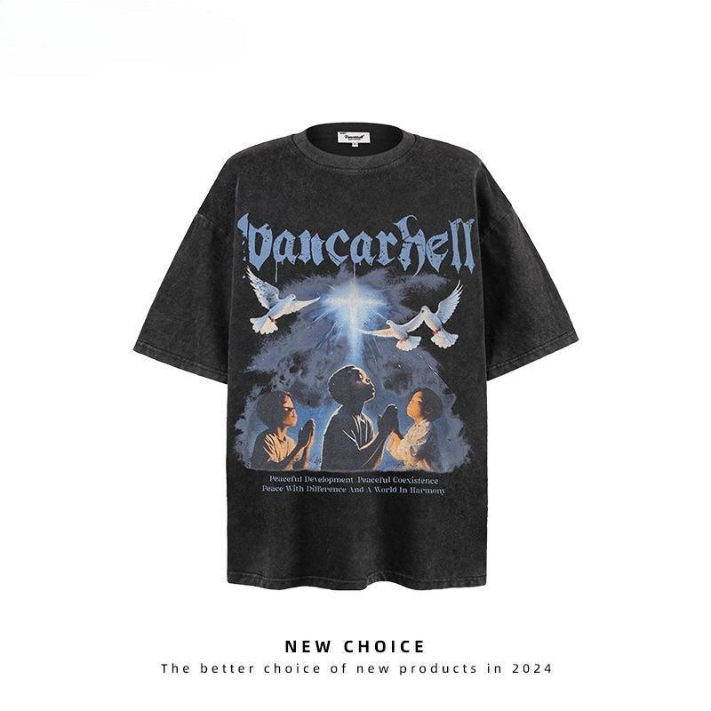 American vintage street T-shirt retro character print men's loose top