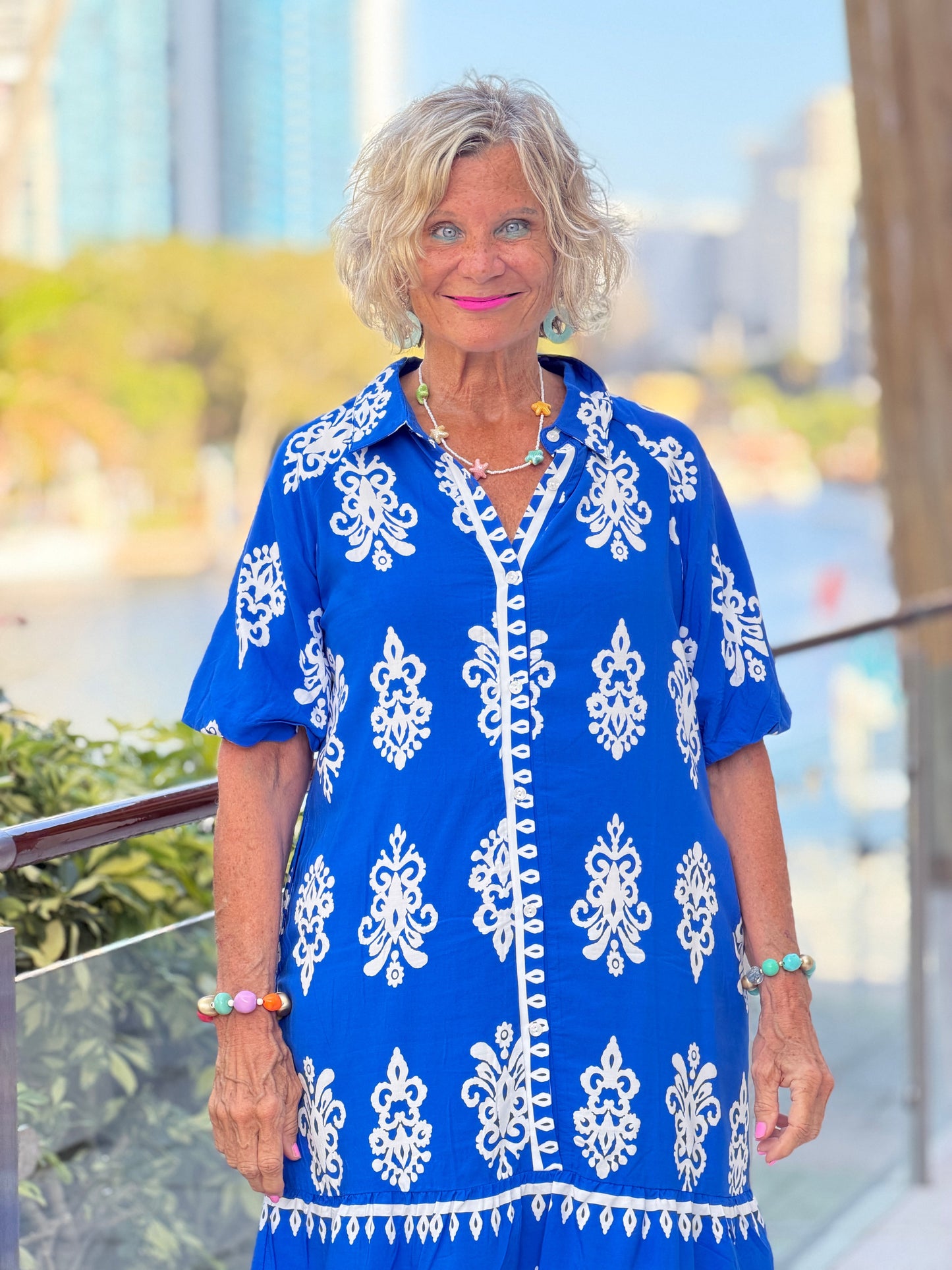 Geometric Collar Button Front Short Puff Sleeve Mini Dress
