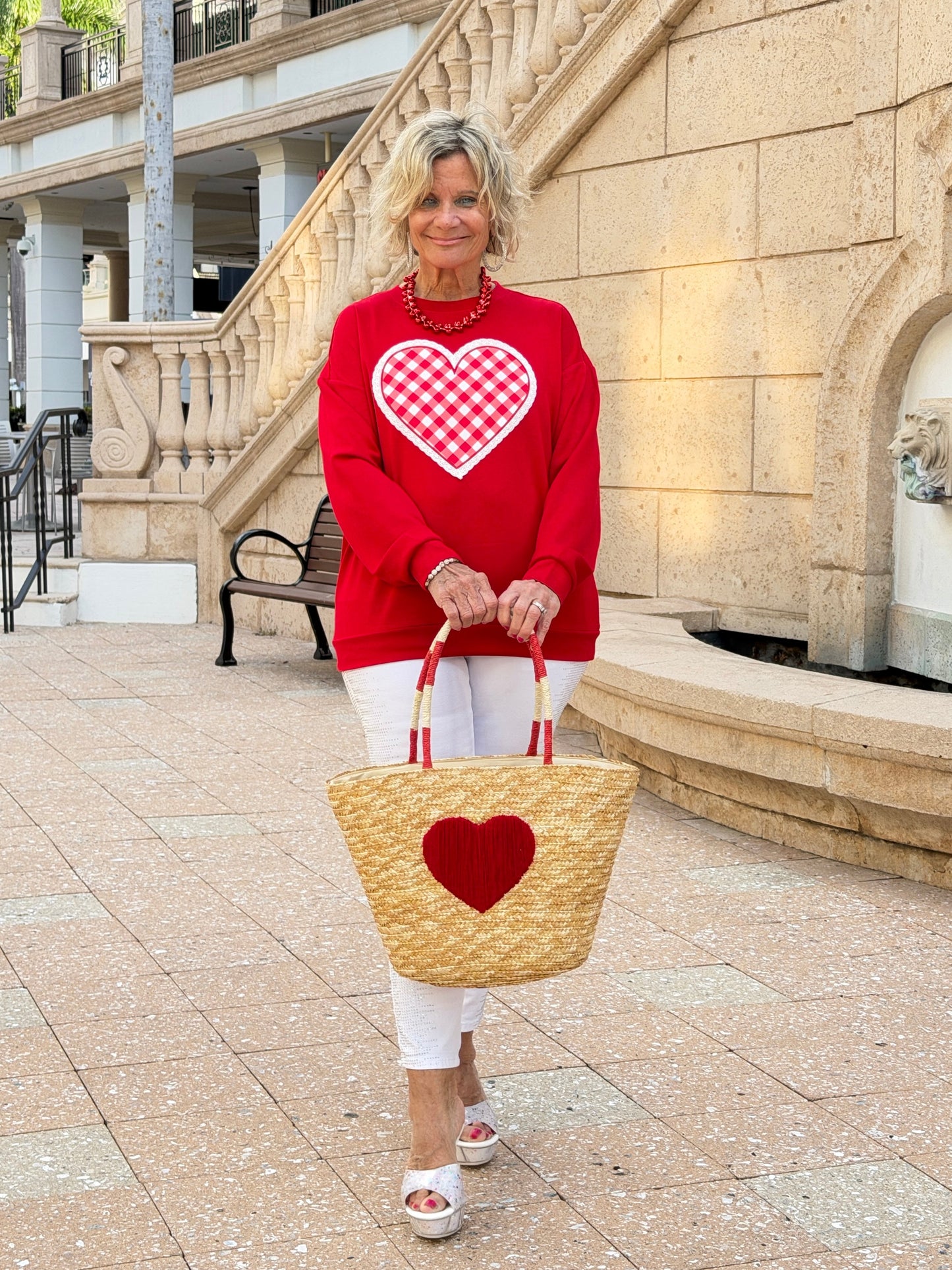 Faux Straw Heart Tote BAg