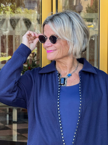Crystal Zipper Cardigan with Collar Navy