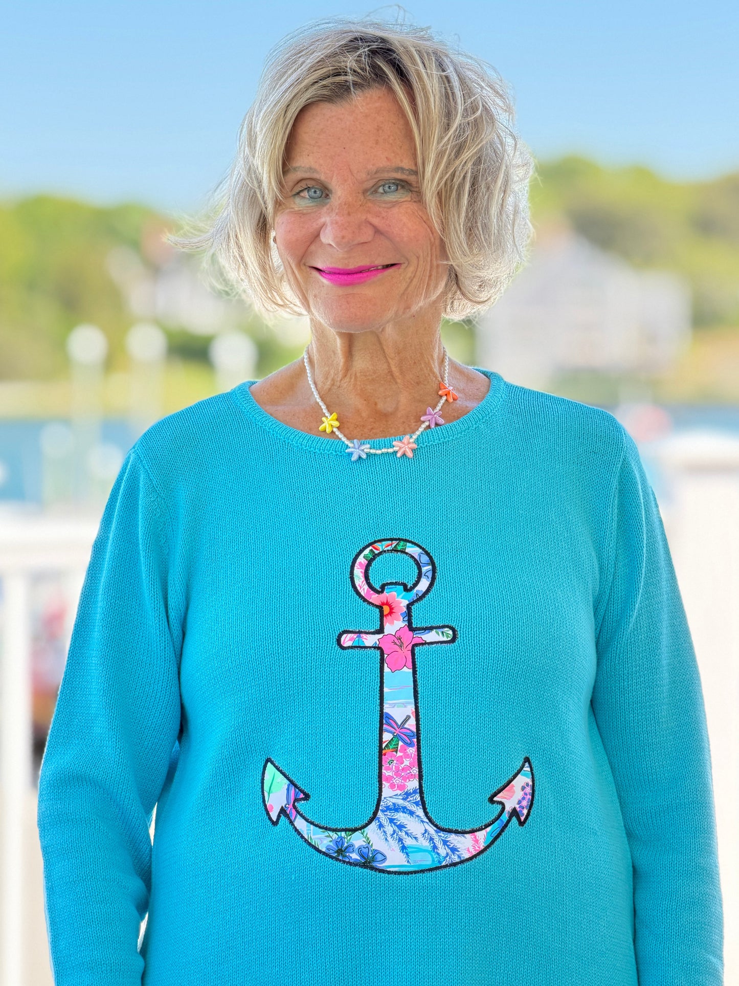 BEACH CLUB AQUA CAPE COD ANCHOR SWEATER