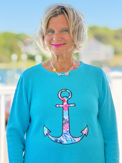 BEACH CLUB AQUA CAPE COD ANCHOR SWEATER