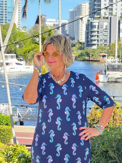 LULU B MIDNIGHT REEF ELBOW SLEEVE DRESS
