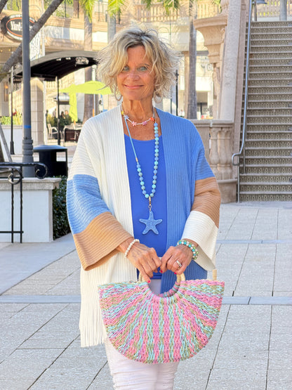 Faux Straw Multi Color Round Handle Tote Bag