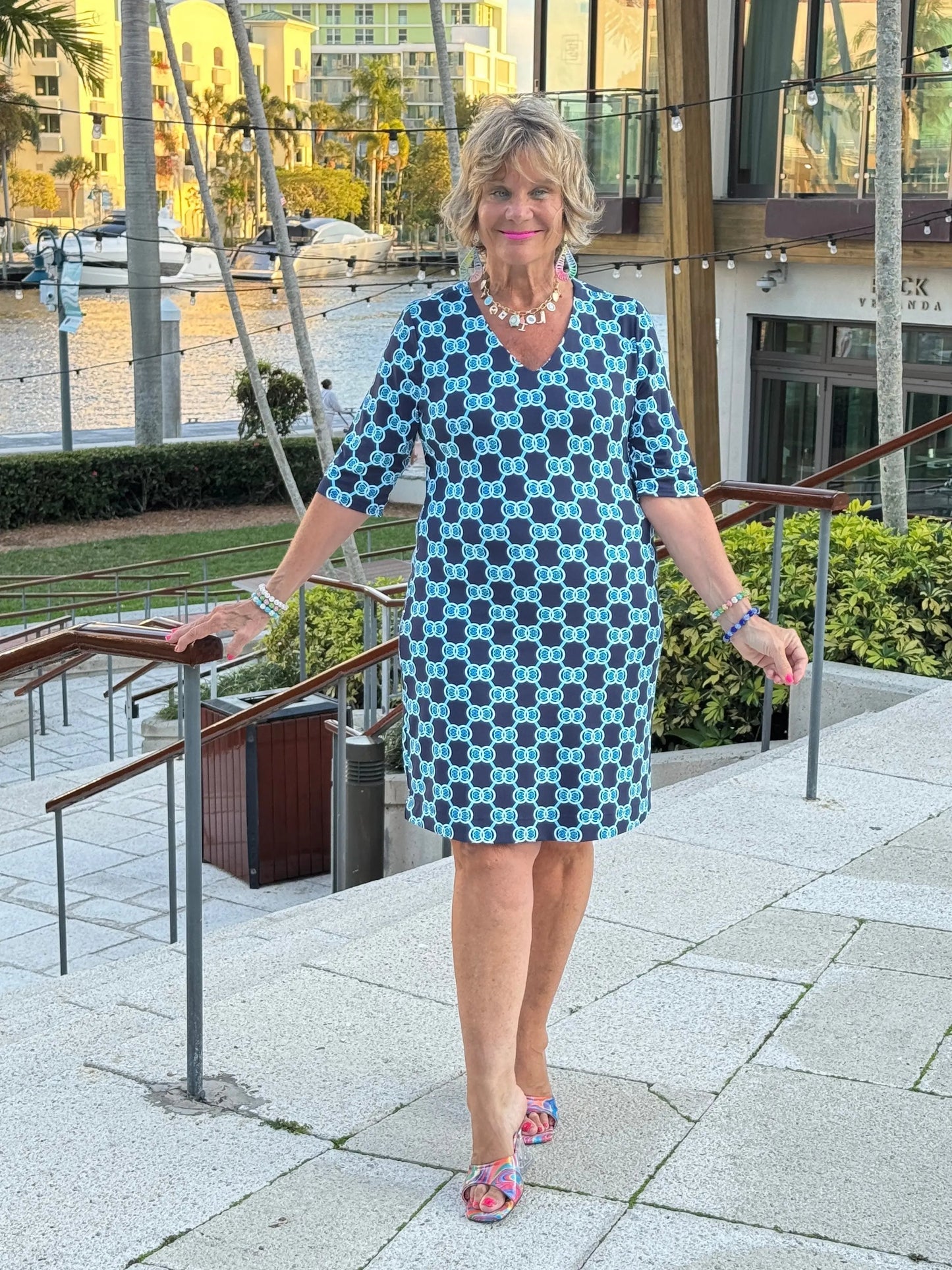 BLUE MEDALLION ELBOW DRESS