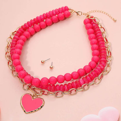 Enamel Heart Pendant Accent Chunky Beaded Layered Statement Necklace