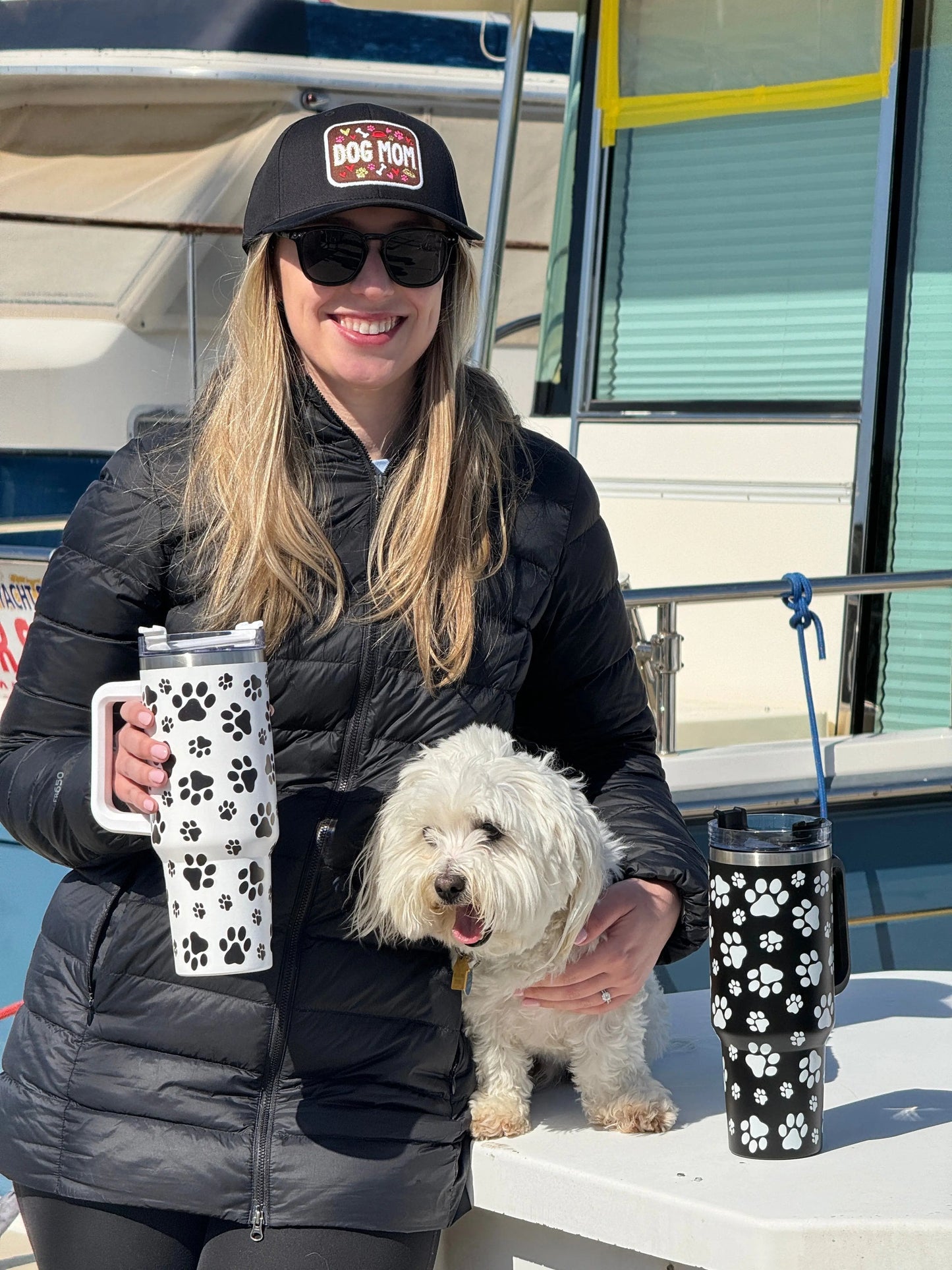 Dog Paw White Printed 40oz Stainless Steel Tumbler With Handle