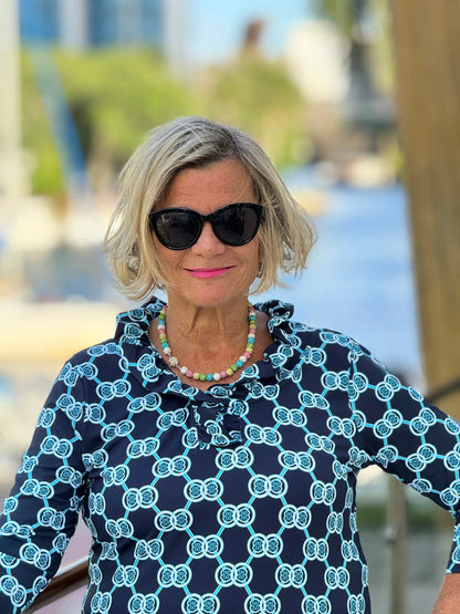 BLUE MEDALLION RUFFLE SLEEVE TOP