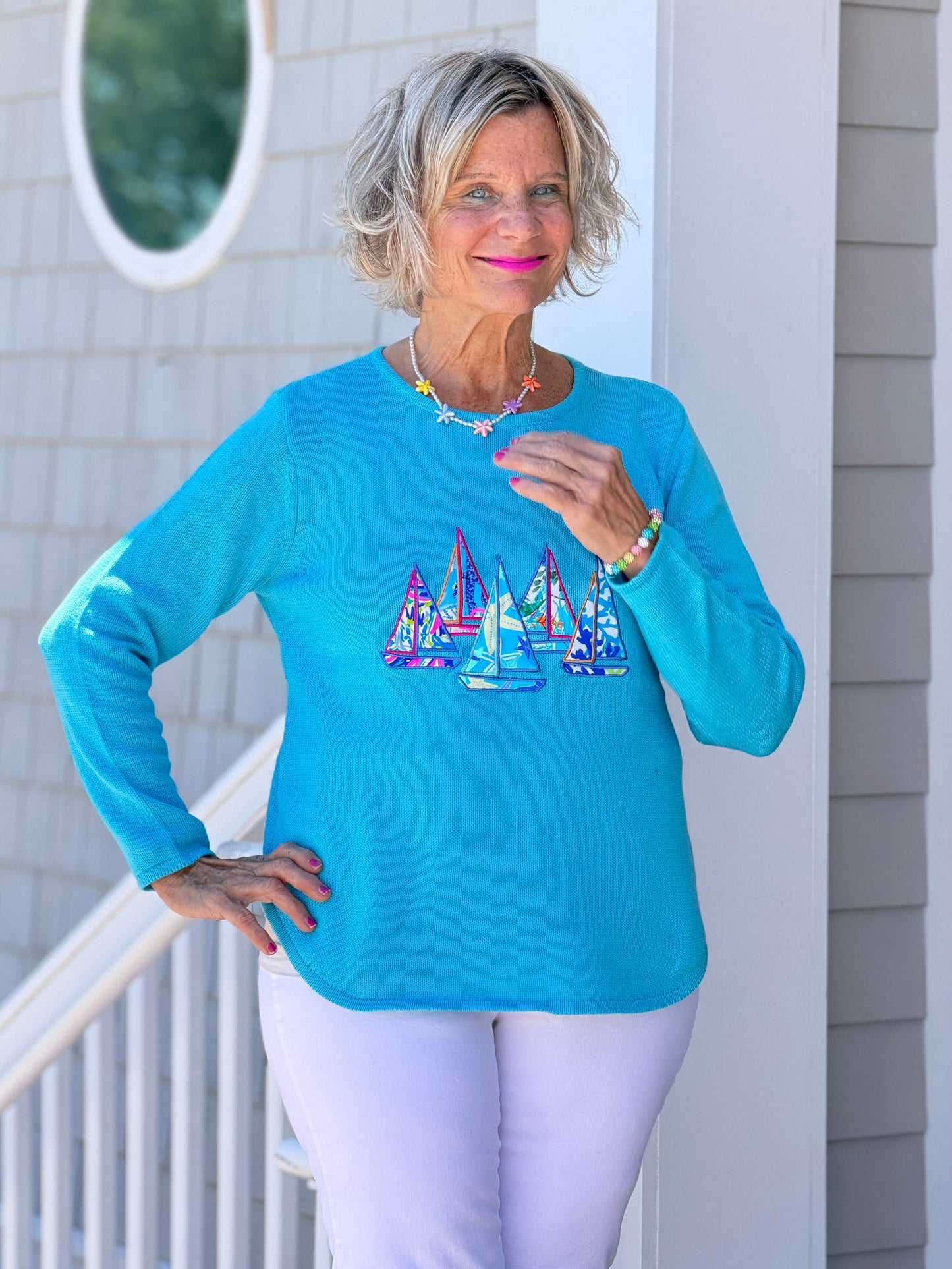 BEACH CLUB AQUA SAILBOAT SWEATER