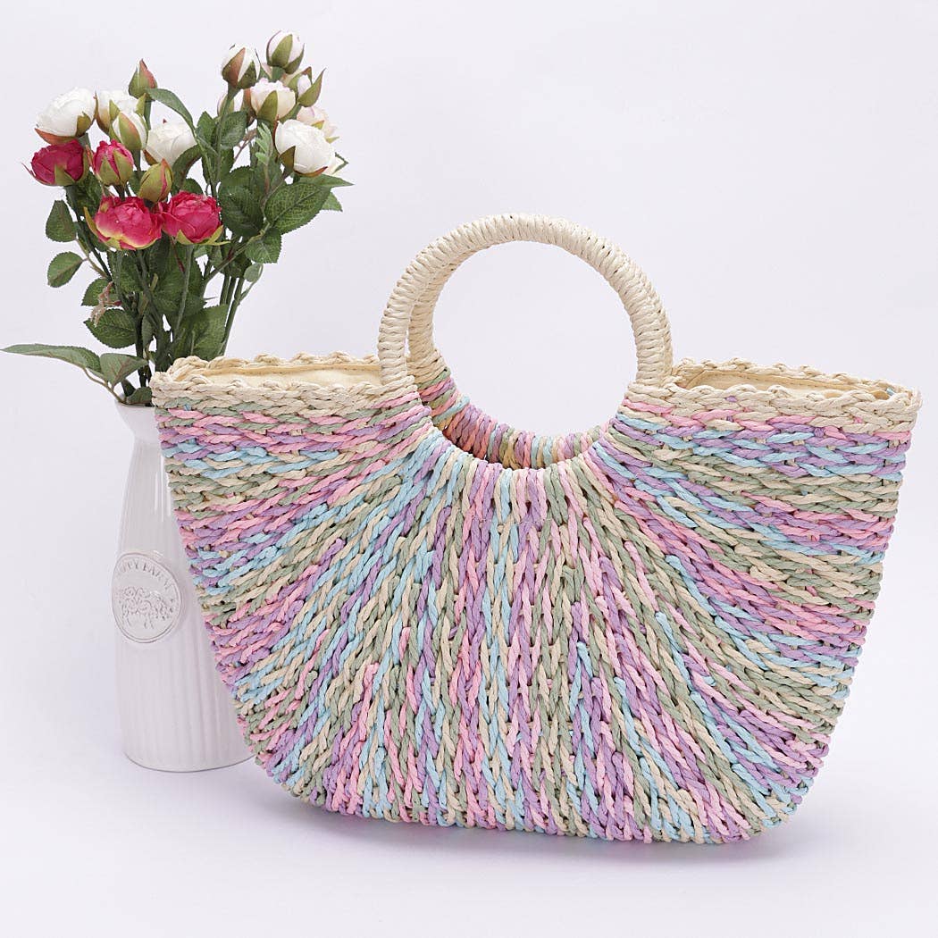 Faux Straw Multi Color Round Handle Tote Bag