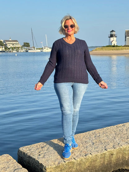 LULU-B NAVY CABLE V NECK SWEATER