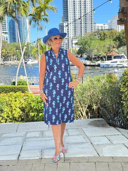 LULU B MIDNIGHT REEF MIDI SLEEVELESS 1/4 ZIP MAXI DRESS
